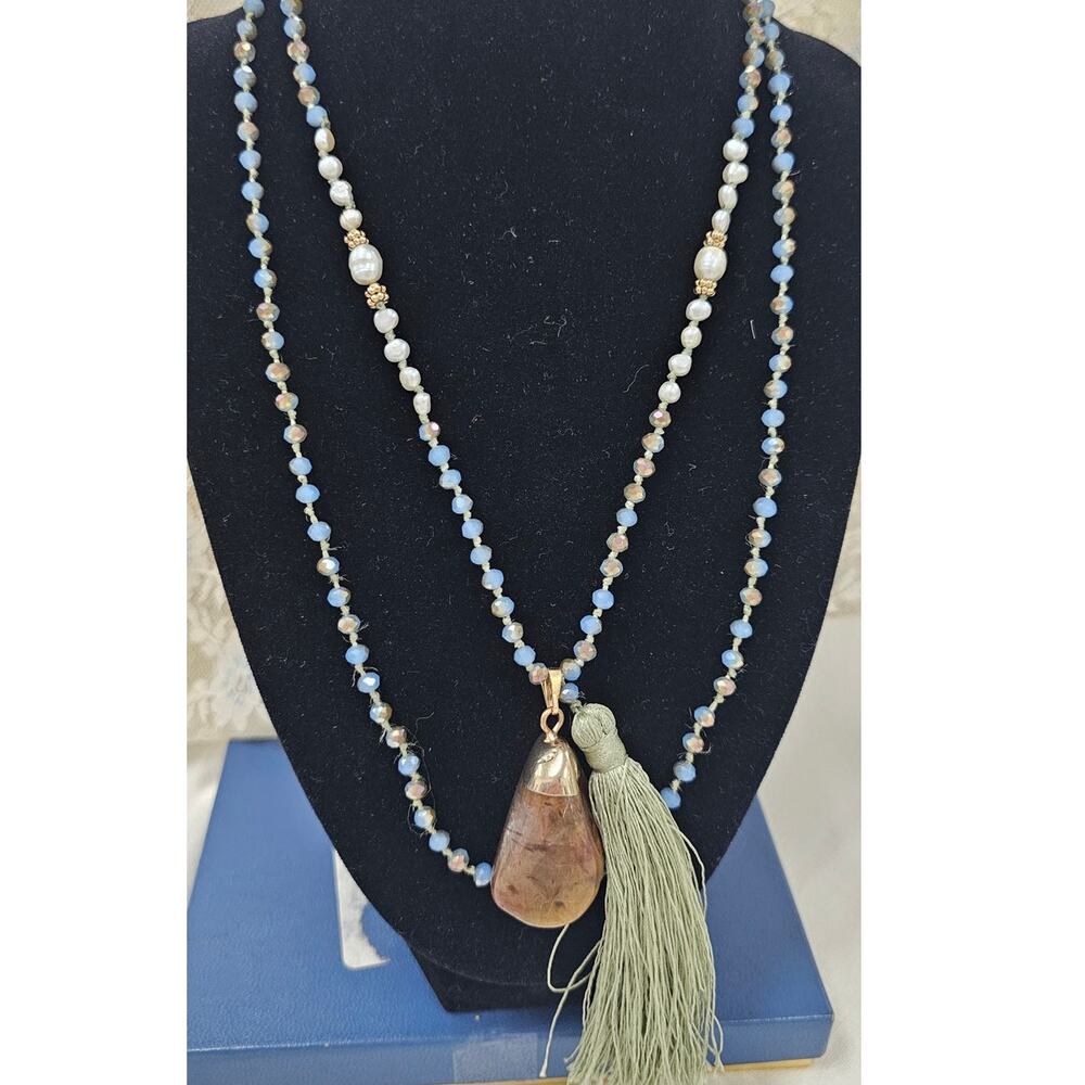 Hand-Knotted Mala Prayer Bead Necklace with Tassel & Healing Stone, Agate?